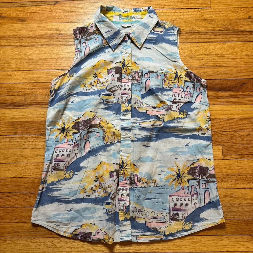 Boden Sleeveless Button Down Shirt Womens 8R Italian Seaside Vacation Print Top